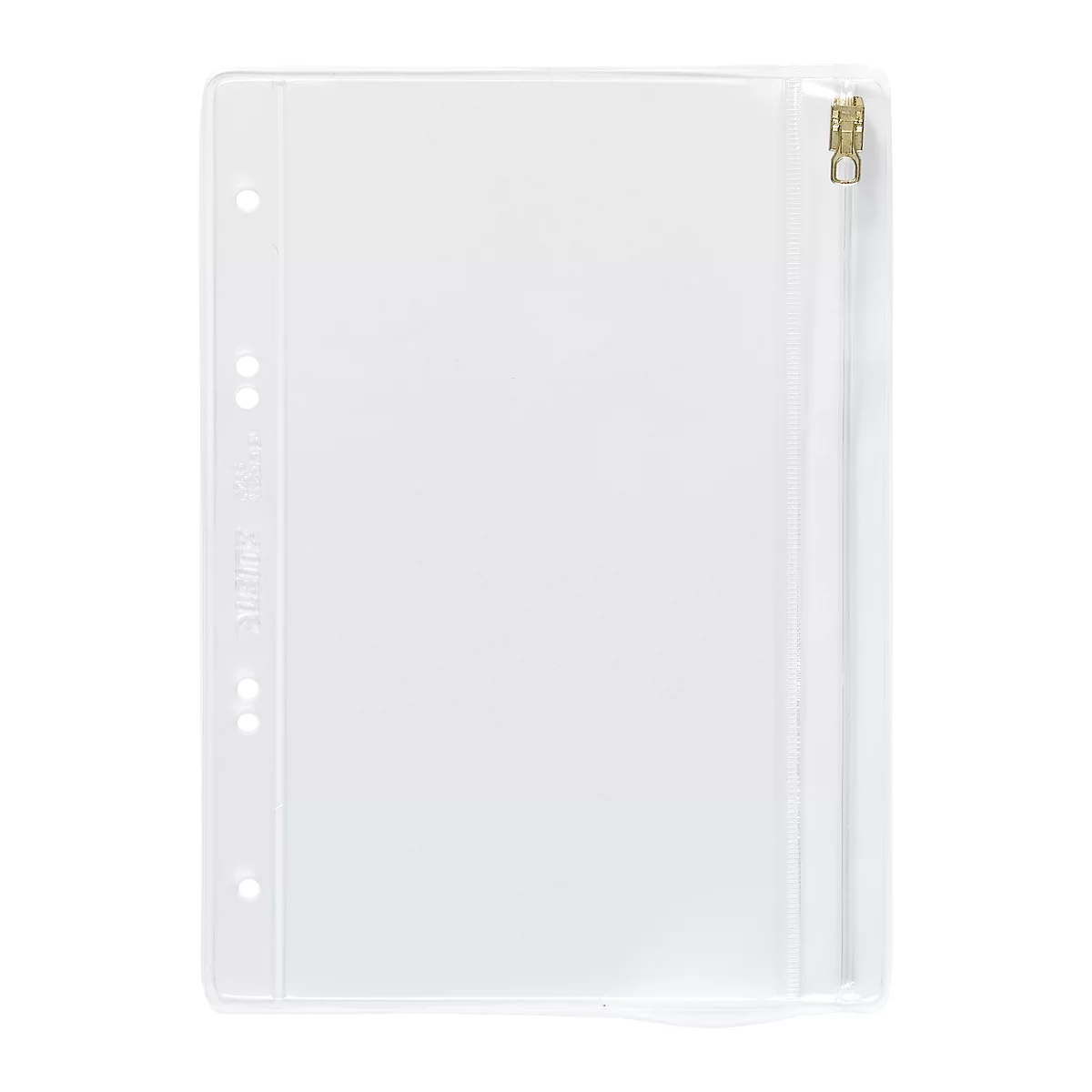 Transparente, leere Folie mit Lochung und Reißverschluss.