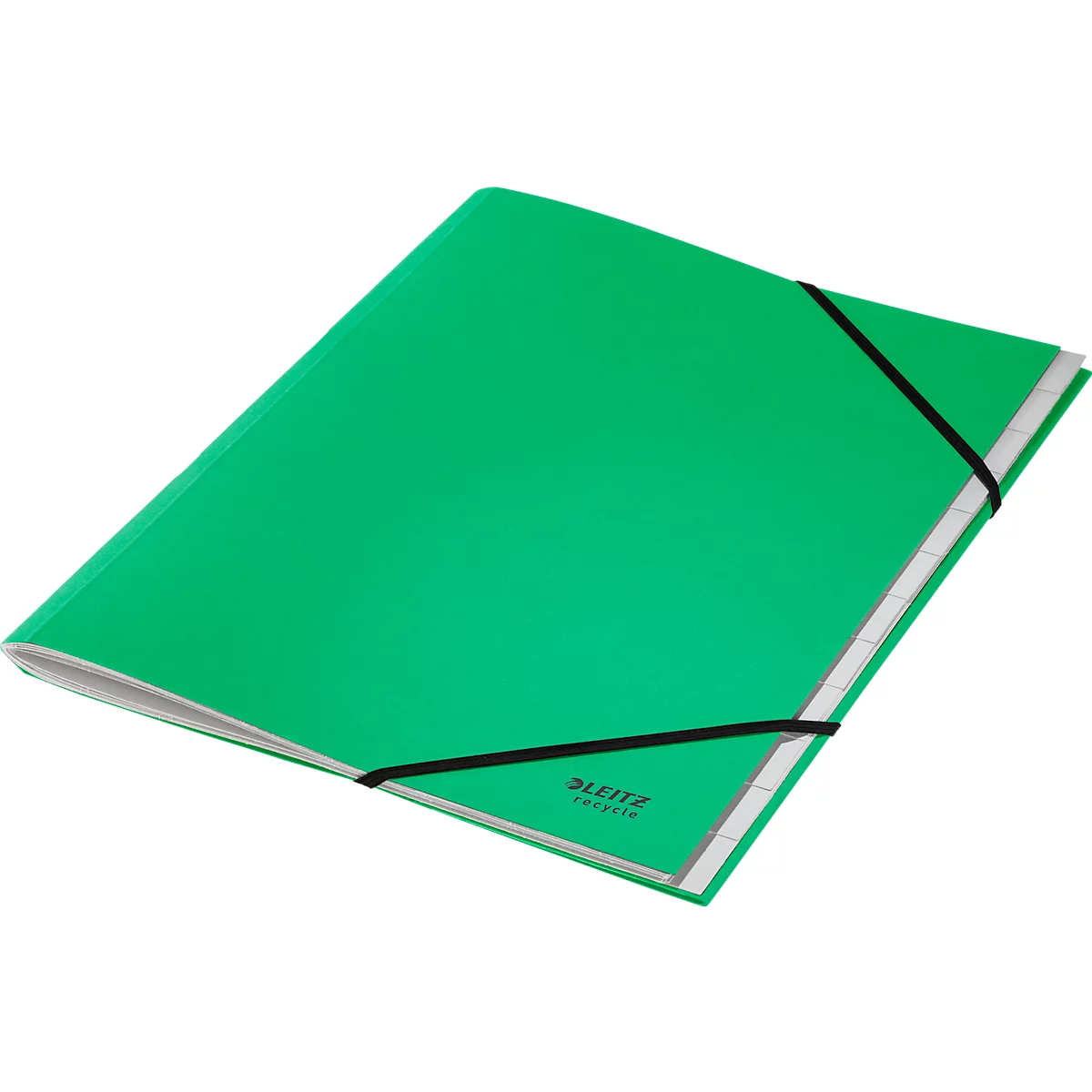 Leitz® Sammelmappe Recycle, A4, 12 Fächer mit Blanko-Taben, Inhaltsverzeichnis, Gummibandverschluss, 100 % recycelbar, Karton, grün