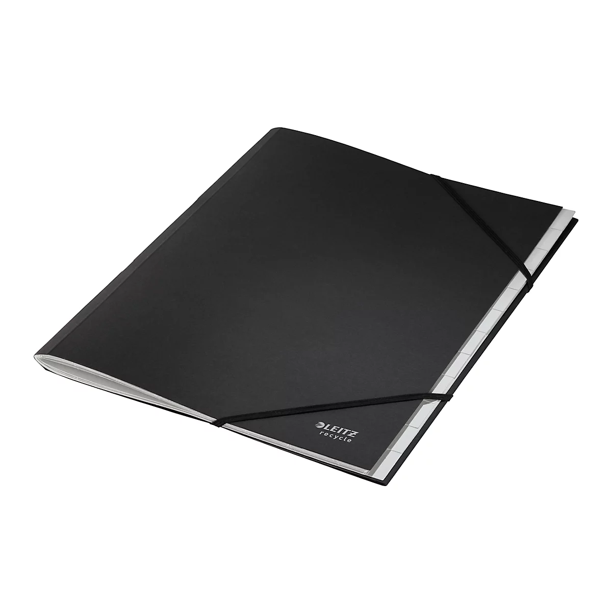 Leitz® Sammelmappe Recycle, A4, 12 Fächer mit Blanko-Taben, Inhaltsverzeichnis, Gummibandverschluss, 100 % recycelbar, Karton, schwarz