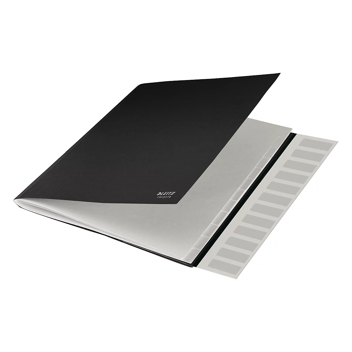 Leitz® Sammelmappe Recycle, A4, 12 Fächer mit Blanko-Taben, Inhaltsverzeichnis, Gummibandverschluss, 100 % recycelbar, Karton, schwarz