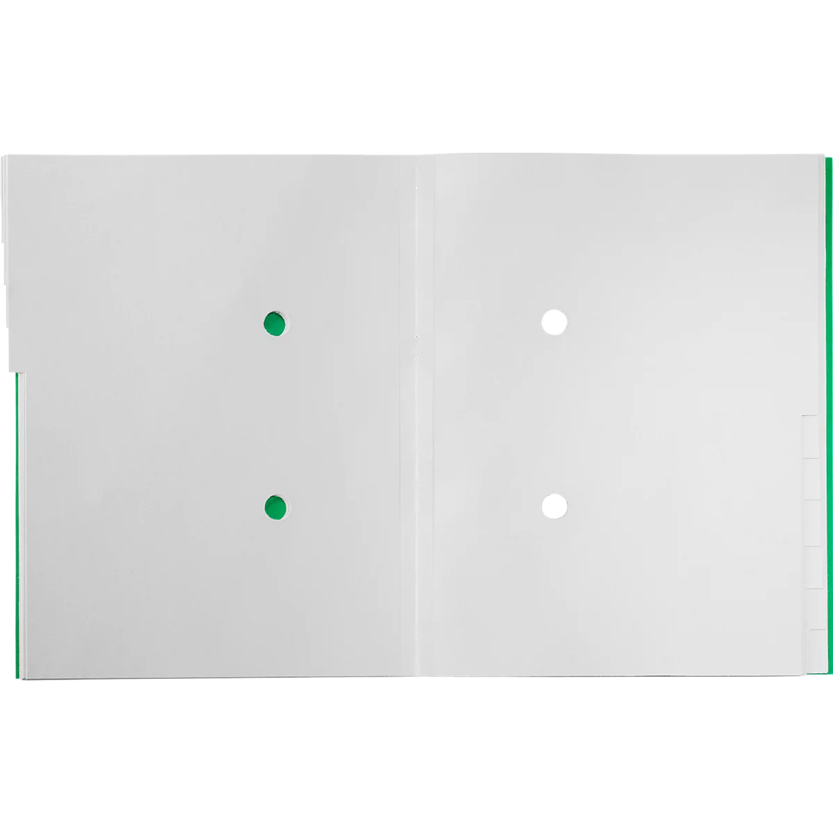 Offene grüne Aktenmappe mit Löchern.