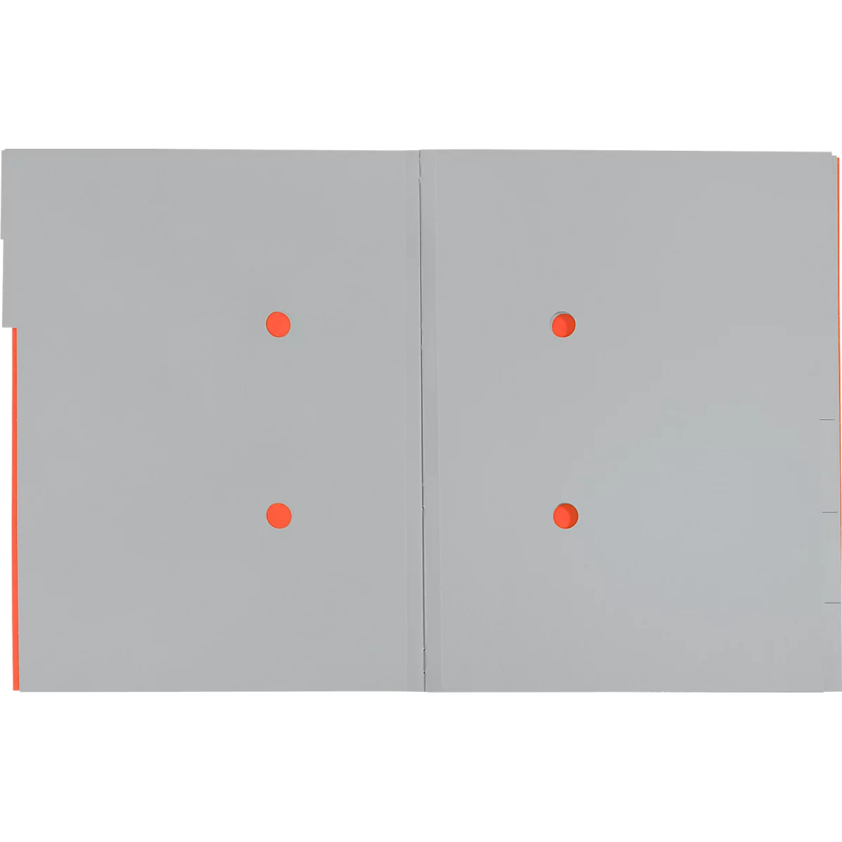 Graues Papier mit 4 roten Löchern. Auf der linken Seite sind orangefarbene Markierungen.