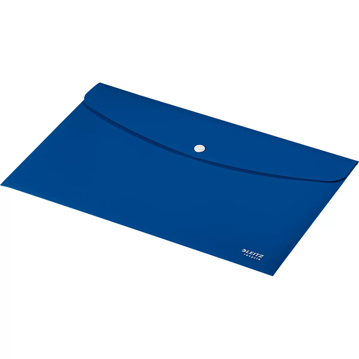 Blaue Dokumententasche mit Knopfverschluss. Leitz-Logo.
