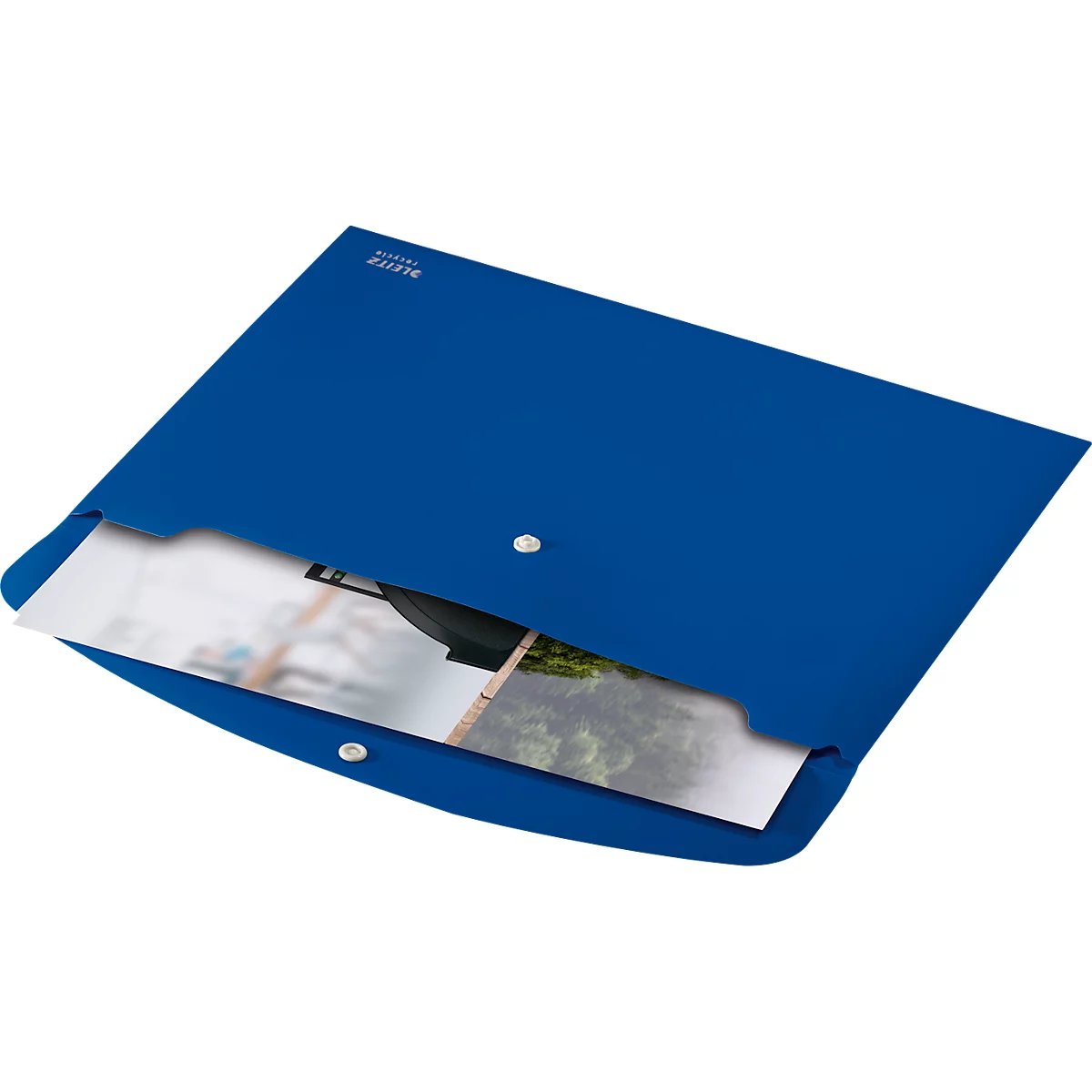 Blaue Mappe mit Schnappverschluss, teilweise geöffnet, zeigt Fotos. Der Aufdruck 'LEITZ' ist oben links.