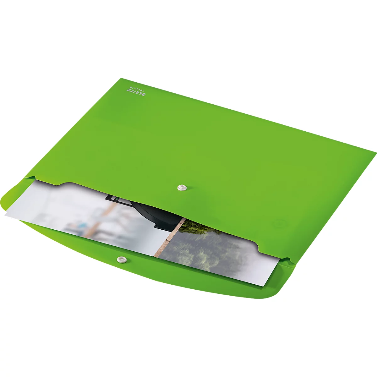Grüne Dokumentenmappe, geöffnet, mit Bildern. Auf der Mappe steht der Schriftzug "LEITZ".