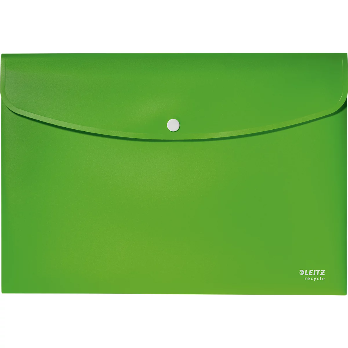 Grüne Dokumentenmappe mit weißem Knopfverschluss. Aufschrift 'LEITZ recycle'.