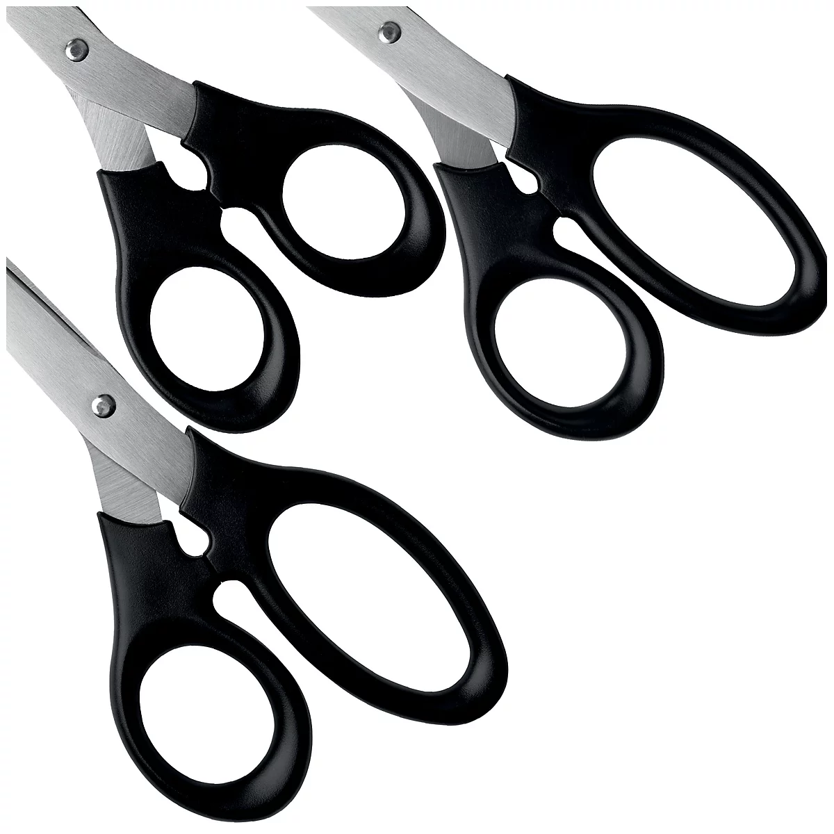 Uitsnede van drie scharen met zwarte handvatten en zilveren bladen. De handvatten zijn ergonomisch gevormd.