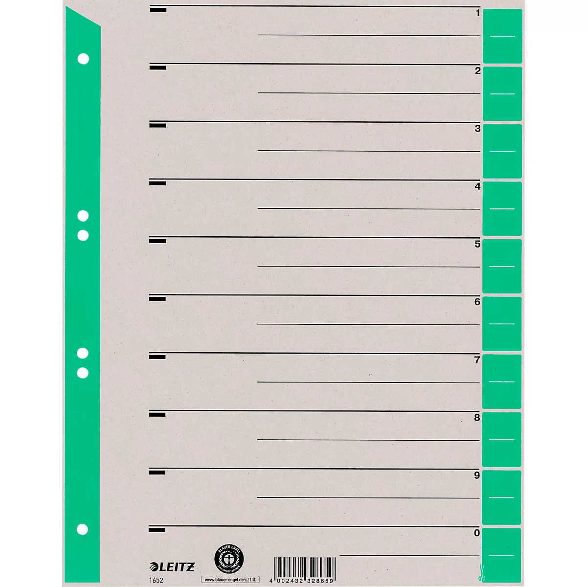 LEITZ® scheidingsbladen A4 1652, gebruik naar eigen inzicht, 100 stuks, groen