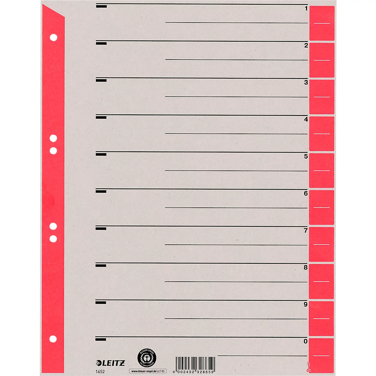 LEITZ® scheidingsbladen A4 1652, gebruik naar eigen inzicht, 100 stuks, rood
