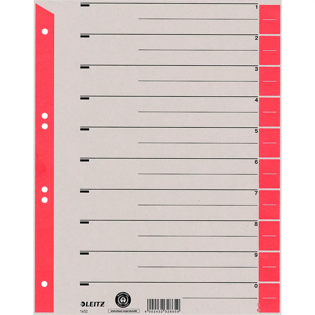 LEITZ® scheidingsbladen A4 1652, gebruik naar eigen inzicht, 25 stuks, rood