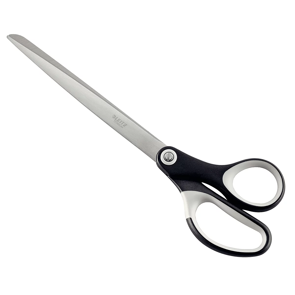 Schere mit schwarzen und grauen Griffen, scharf. Auf der Klinge steht 'BEZITZ'.
