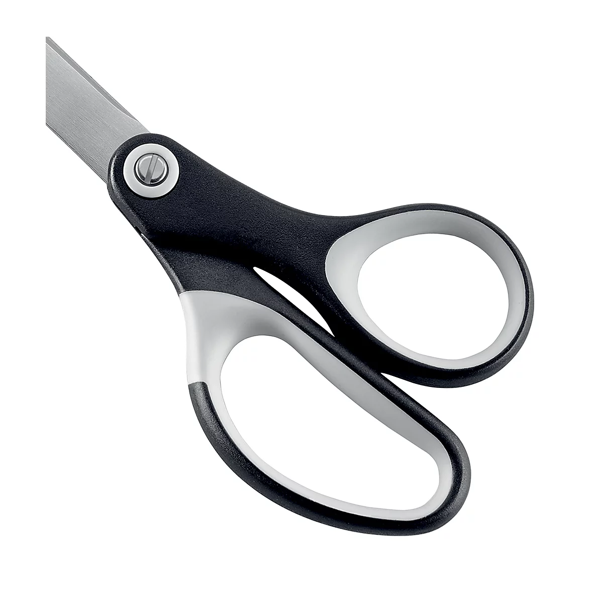 Nahaufnahme einer Schere mit schwarzem Griff und silbernen Klingen. Die Griffe haben weiße Innenflächen.