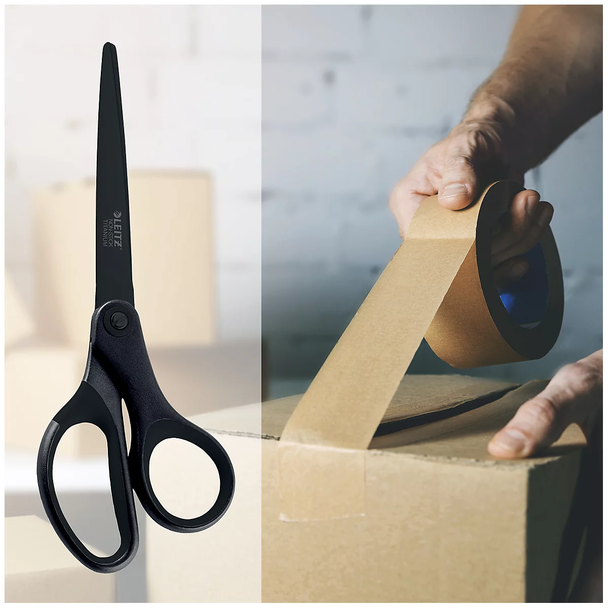 Schwarze Schere neben Person, die Paket mit braunem Klebeband verschließt.