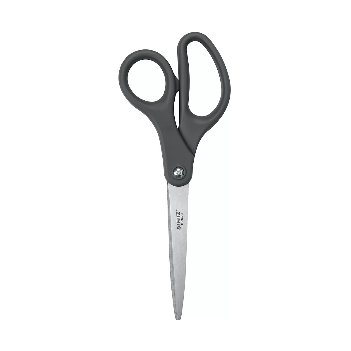 Graue Schere, Marke LEITZ Titanium, auf weißem Hintergrund.