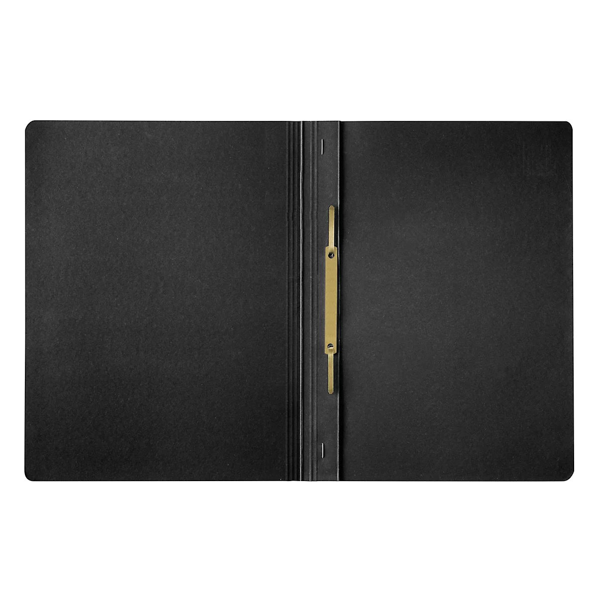 Offene schwarze Aktenmappe mit goldener Klammer.