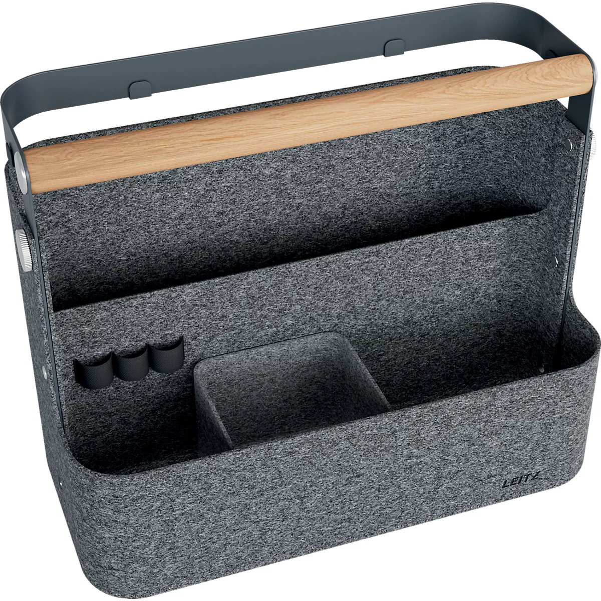 Modernes Regal mit offenen Fächern und mintgrünen Schließfächern auf einem hellen Holzsockel.