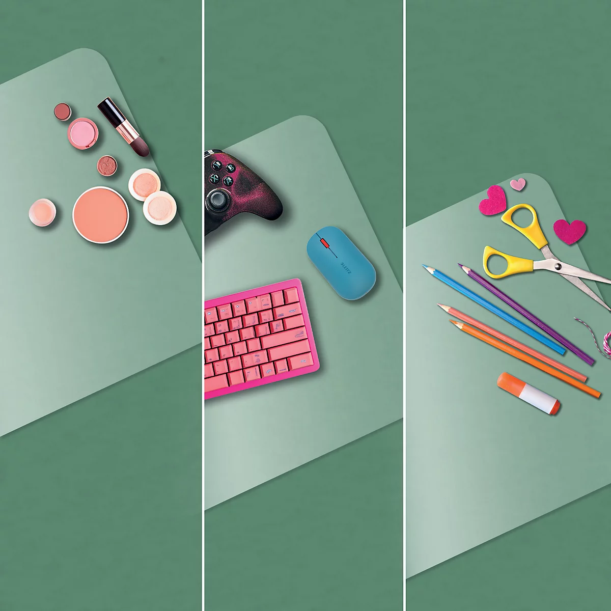 Drei Abschnitte zeigen Kosmetik, Gaming-Zubehör und Bastelutensilien auf grünen Matten.