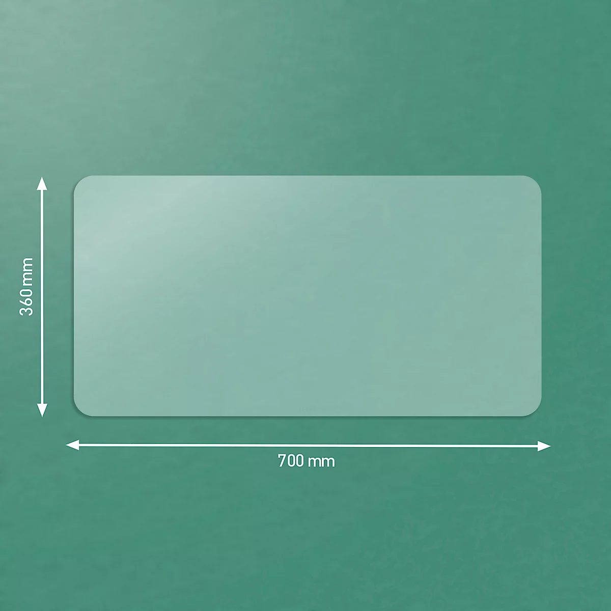 Rechteckige transparente Tischunterlage mit abgerundeten Ecken. Maße: 700 x 360 mm.
