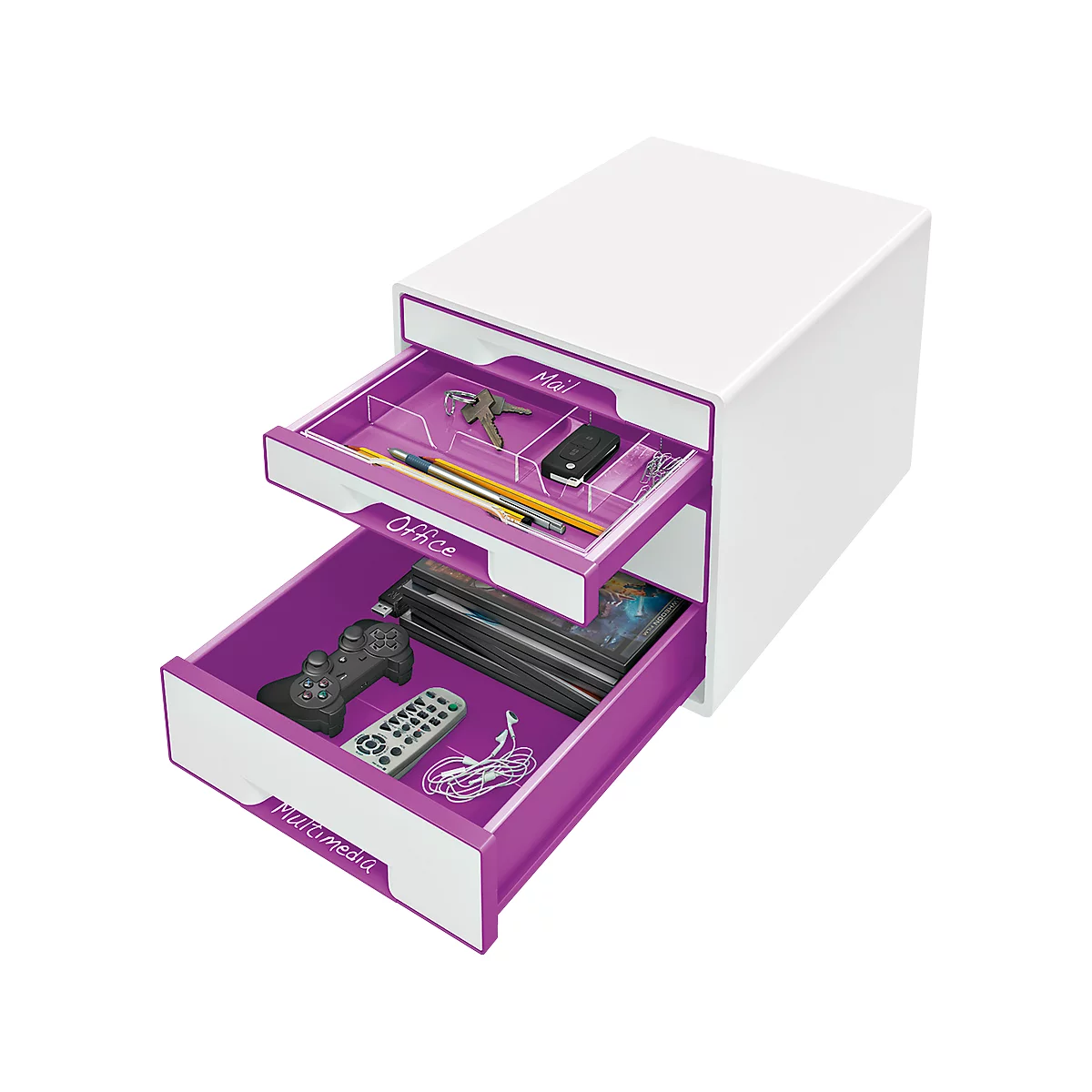LEITZ® Schubladenbox WOW CUBE 5213, 4 Schübe, DIN A4, Polystyrol, violett