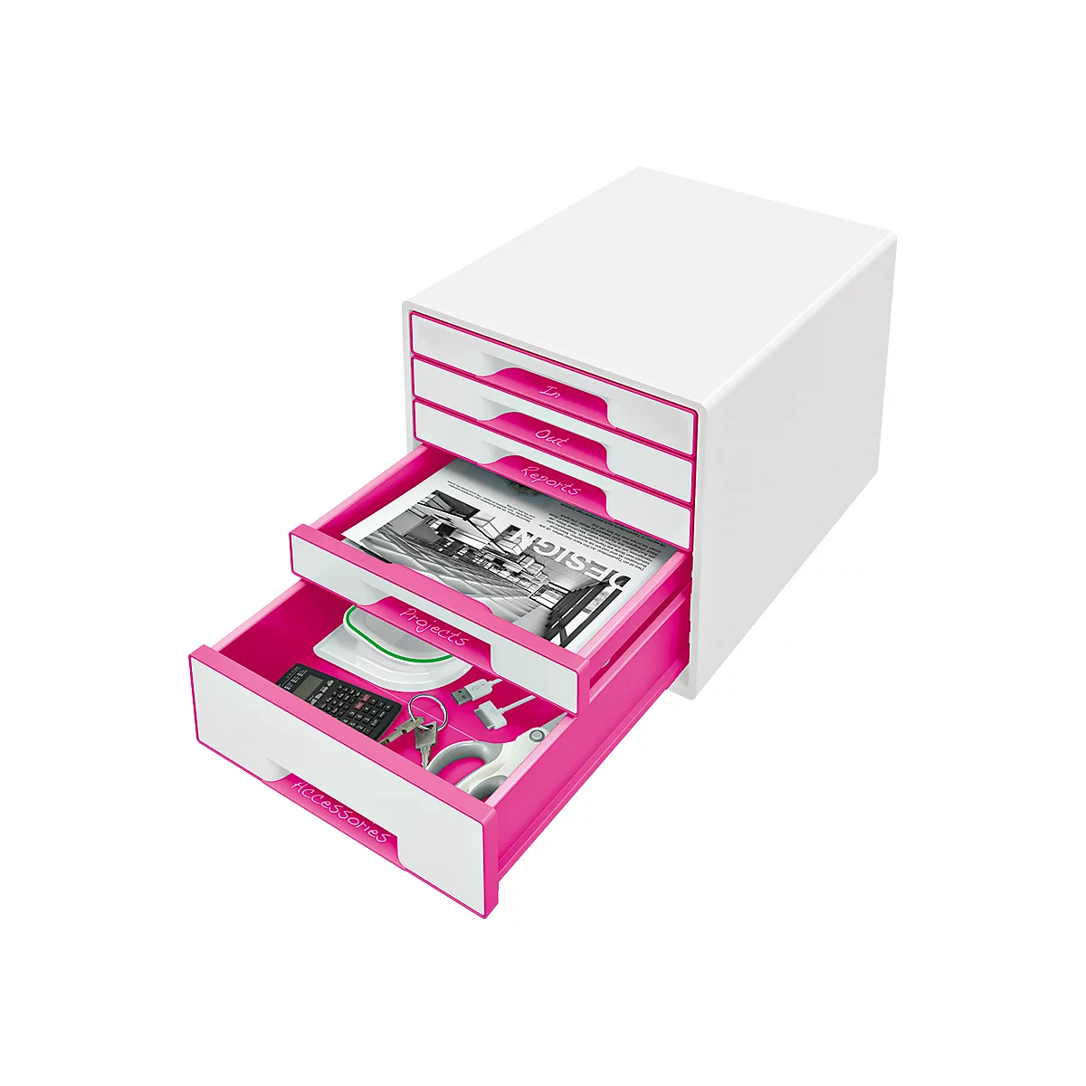 LEITZ® Schubladenbox WOW CUBE 5214, 5 Schübe, DIN A4, Polystyrol, pink