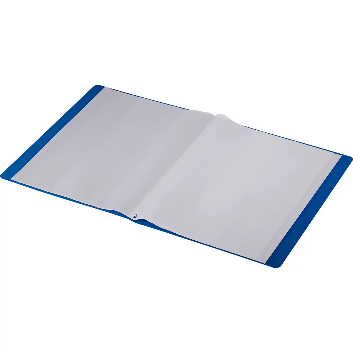 Geöffneter blauer Ordner mit transparenten Folien. Blätter liegen in den Hüllen.