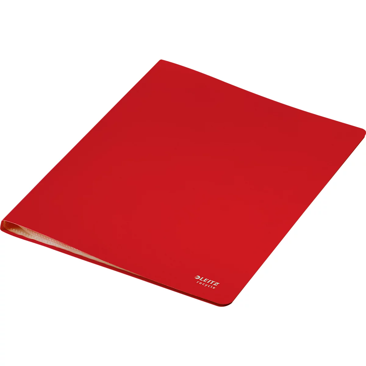 Roter Leitz-Ordner, leicht schräg von oben fotografiert.