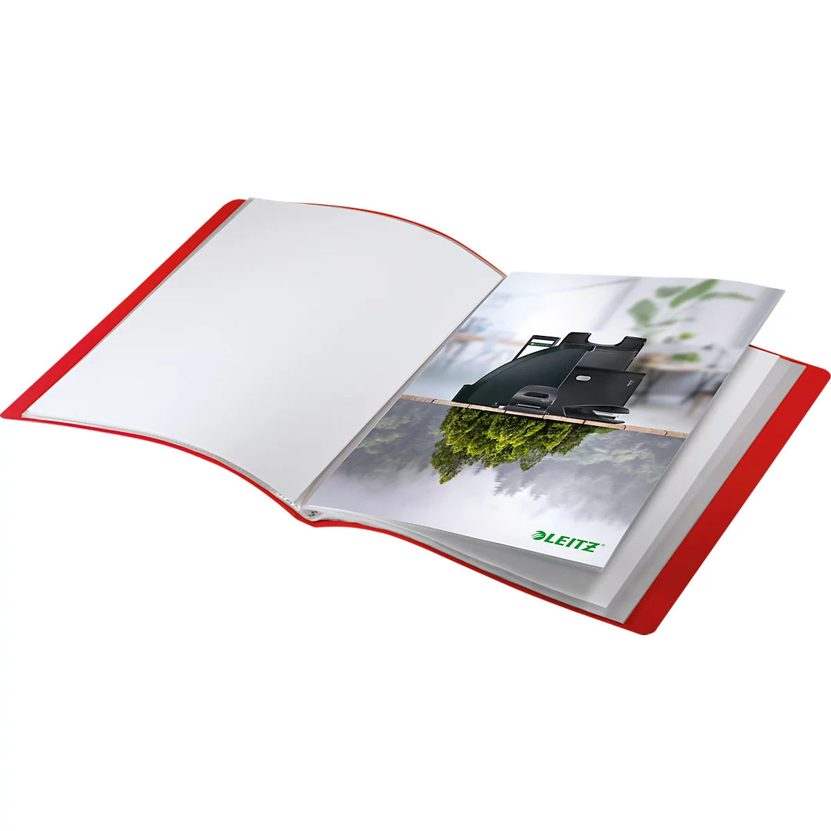 Offenes rotes Ringbuch mit eingelegter Werbekarte mit Leitz Logo.