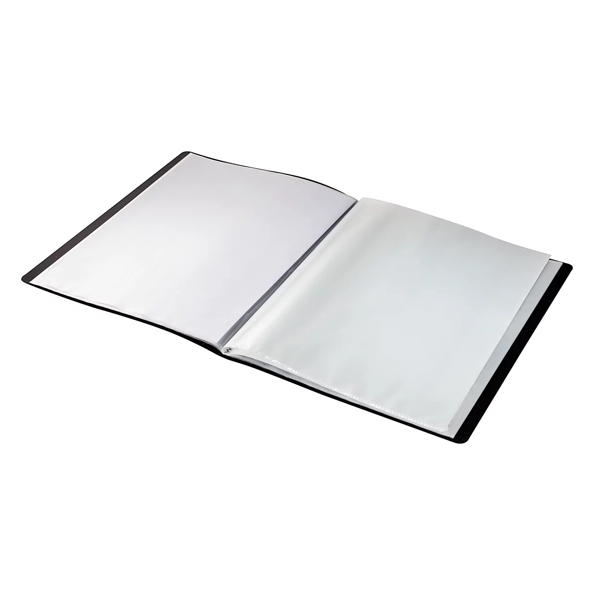 Offenes Fotoalbum mit leeren weißen Seiten. Schwarzer Einband, transparente Folientaschen für Fotos.