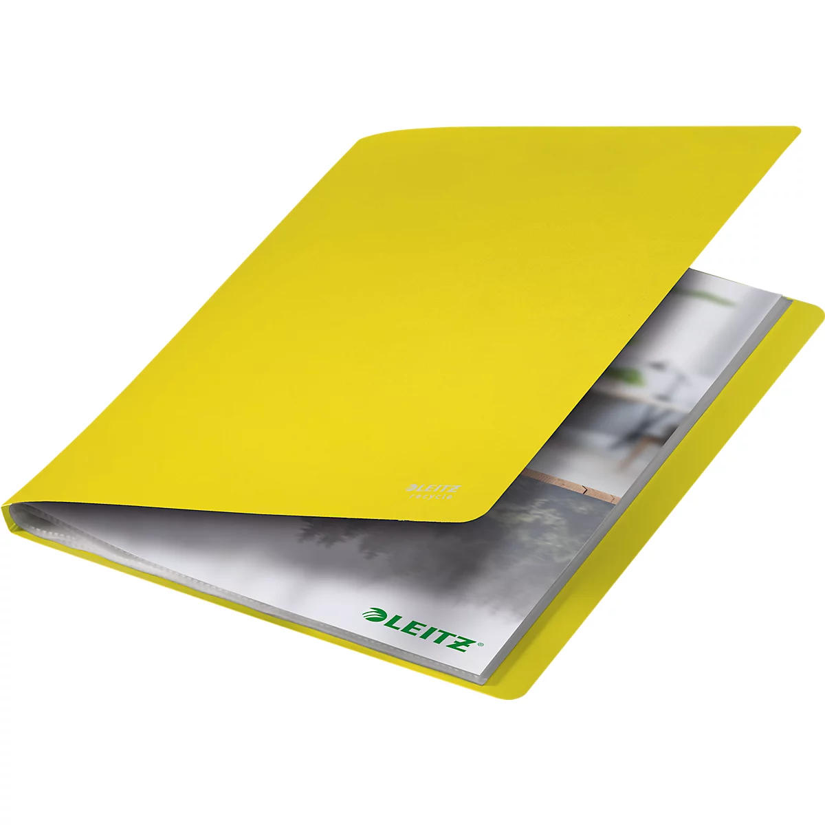 Gelbe Mappe, leicht geöffnet. Unten ist ein Stapel von Seiten sichtbar. Leitz-Logo.