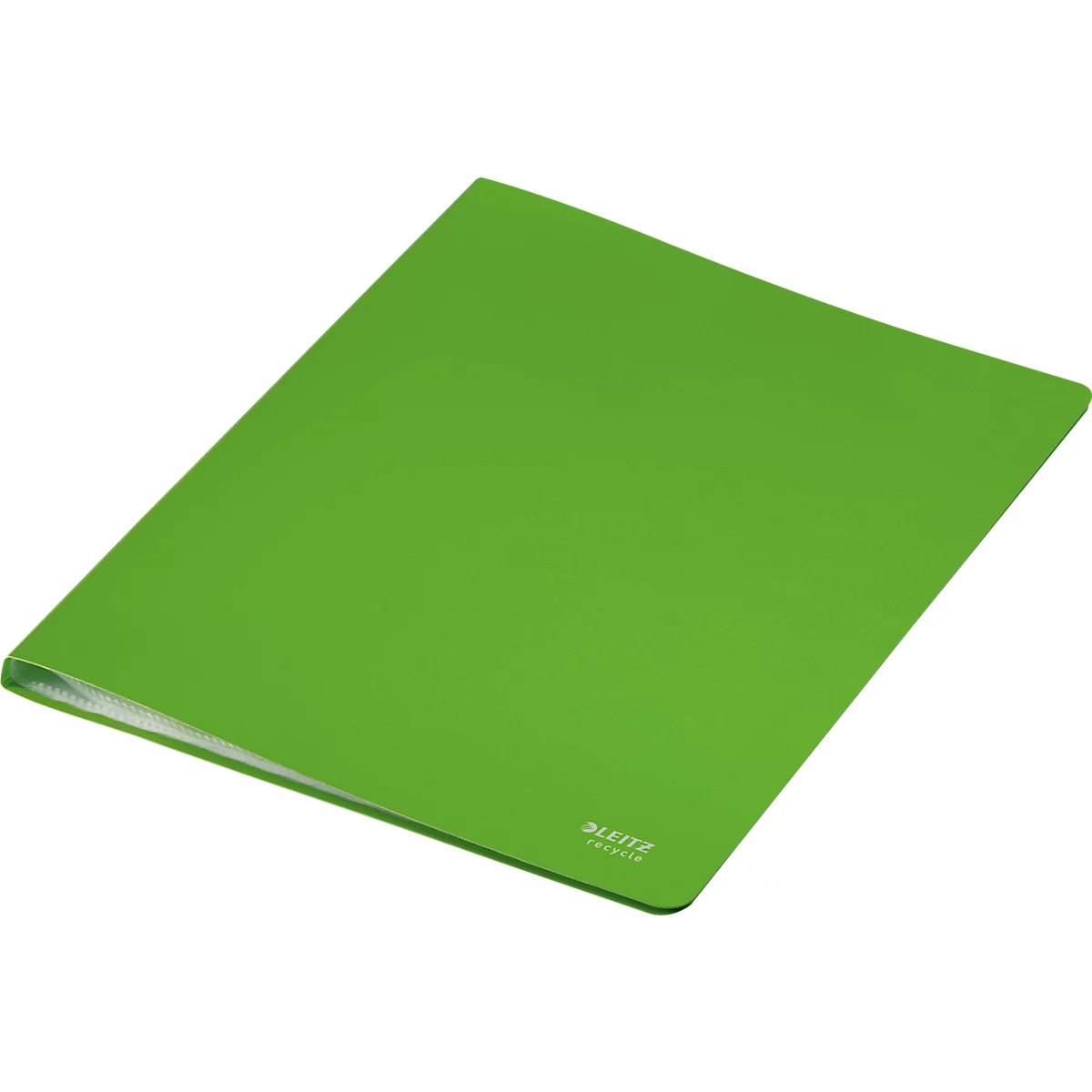 Grüner Leitz-Ordner. Hellgrünes Cover, leicht schräg von oben fotografiert.