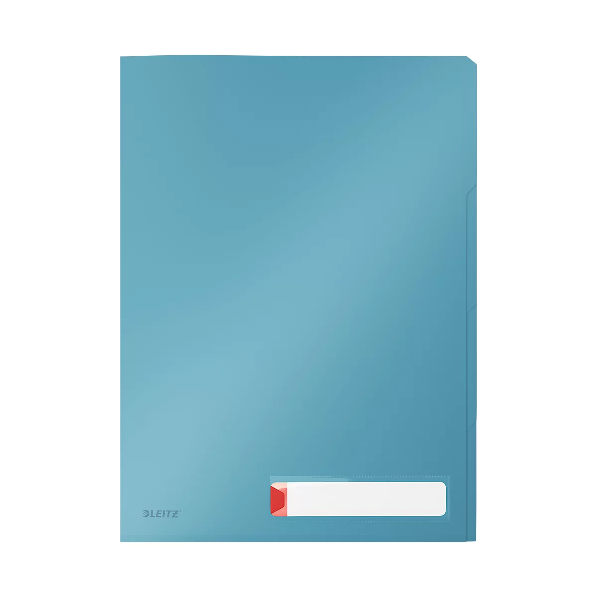 Hellblaue Leitz-Aktenmappe mit weißem Beschriftungsfeld und rotem Markierungsstreifen.