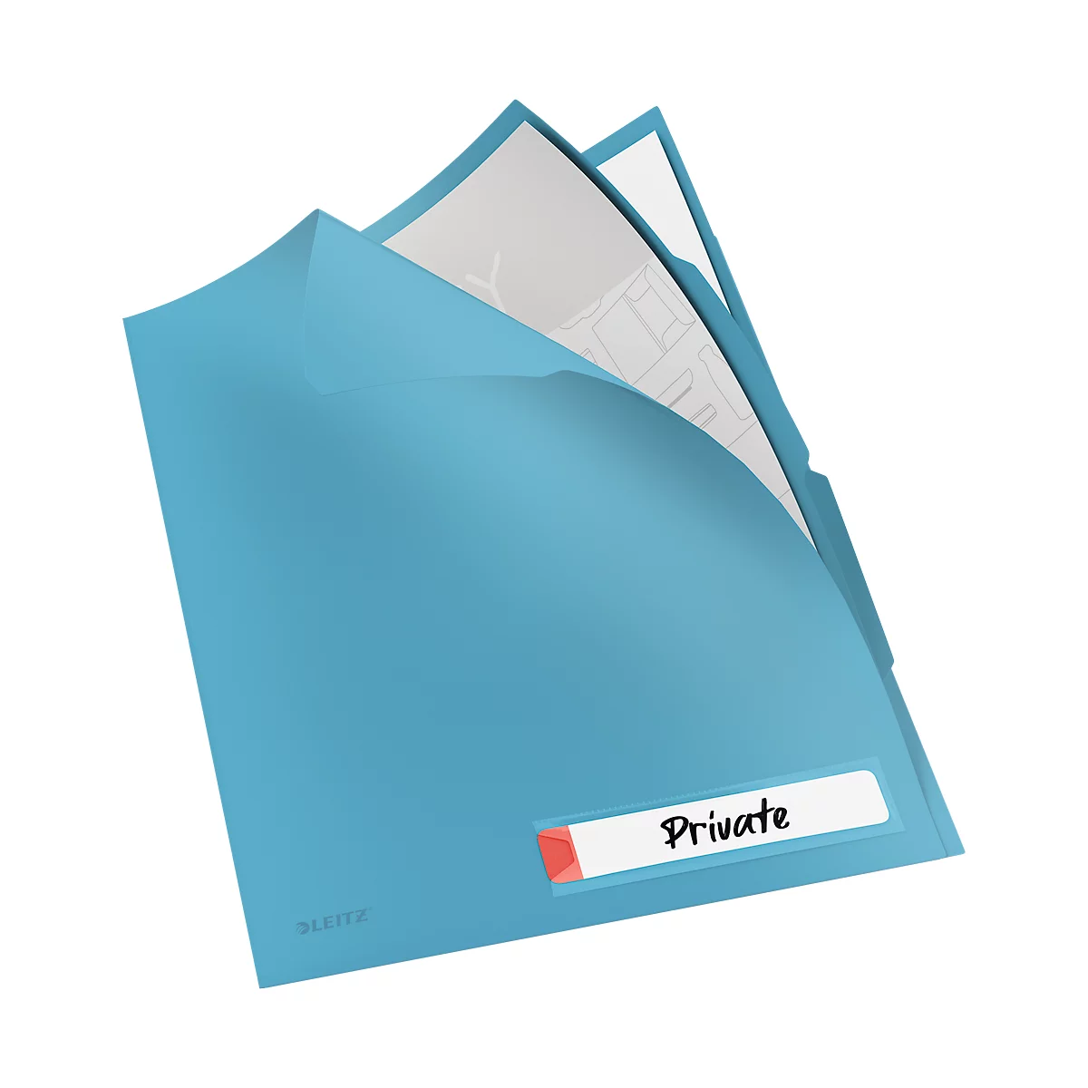 Hellblaue Mappe mit der Aufschrift Private, geöffnet mit Papier darunter. Die Mappe ist leicht schräg abgebildet.