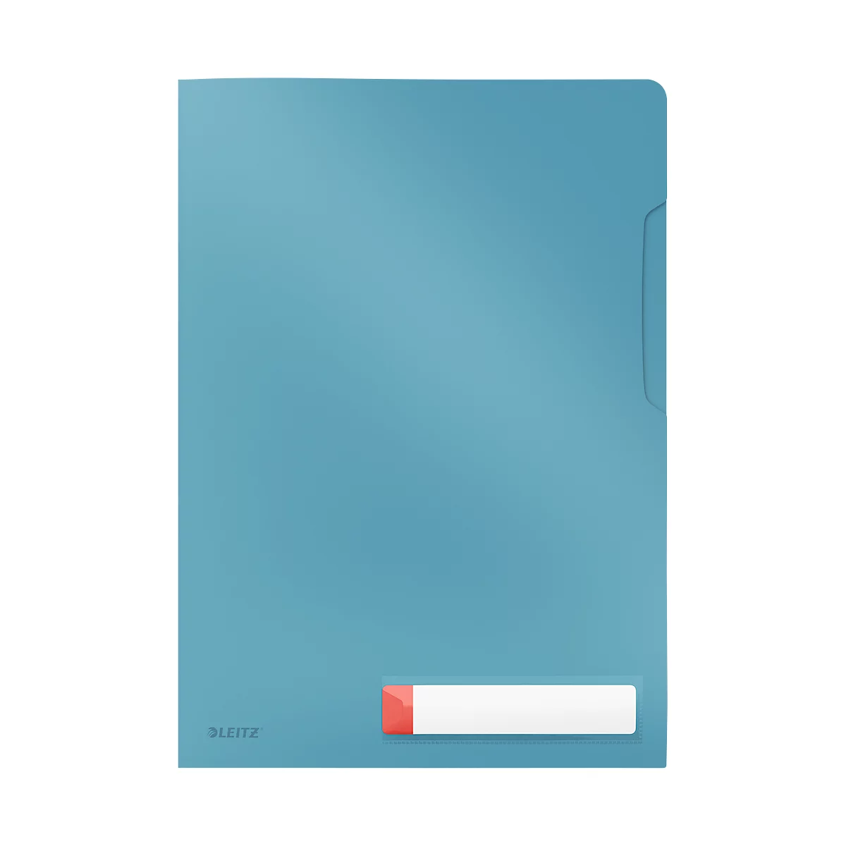 Blaues Leitz-Ordner, rechteckig, mit Aussparung und beschriftbarem Etikett.