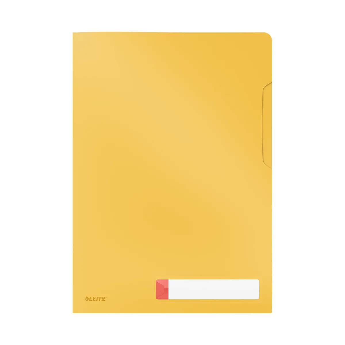 Gelbe Leitz-Mappe. Am unteren Rand befindet sich ein Namensschild.