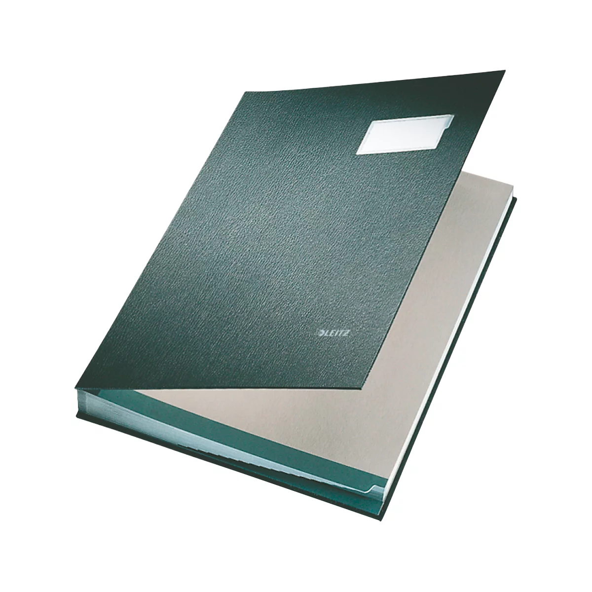 Open dark green presentation folder. A white label, the brand name 'Leitz'.