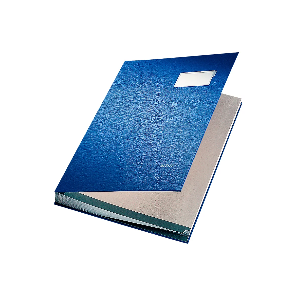 Blue Leitz folder, opened, with white label. On a light background.