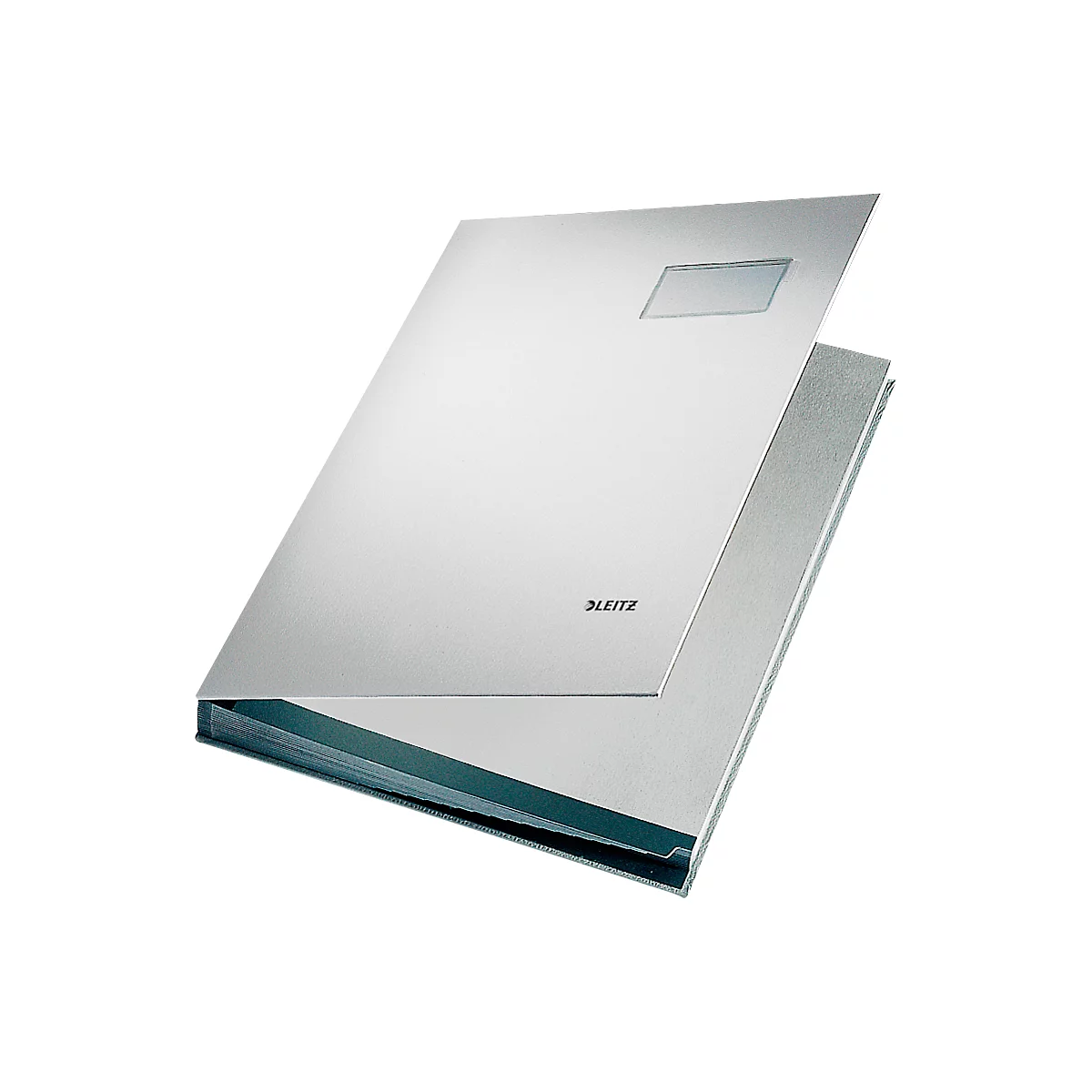 Silver Leitz binder, open. The cover has a viewing window and the Leitz logo.