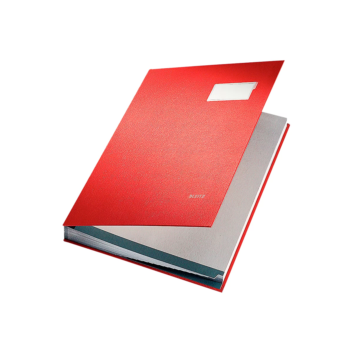 Red file folder half open, with name field. Inside light grey pages, dark blue dividers.