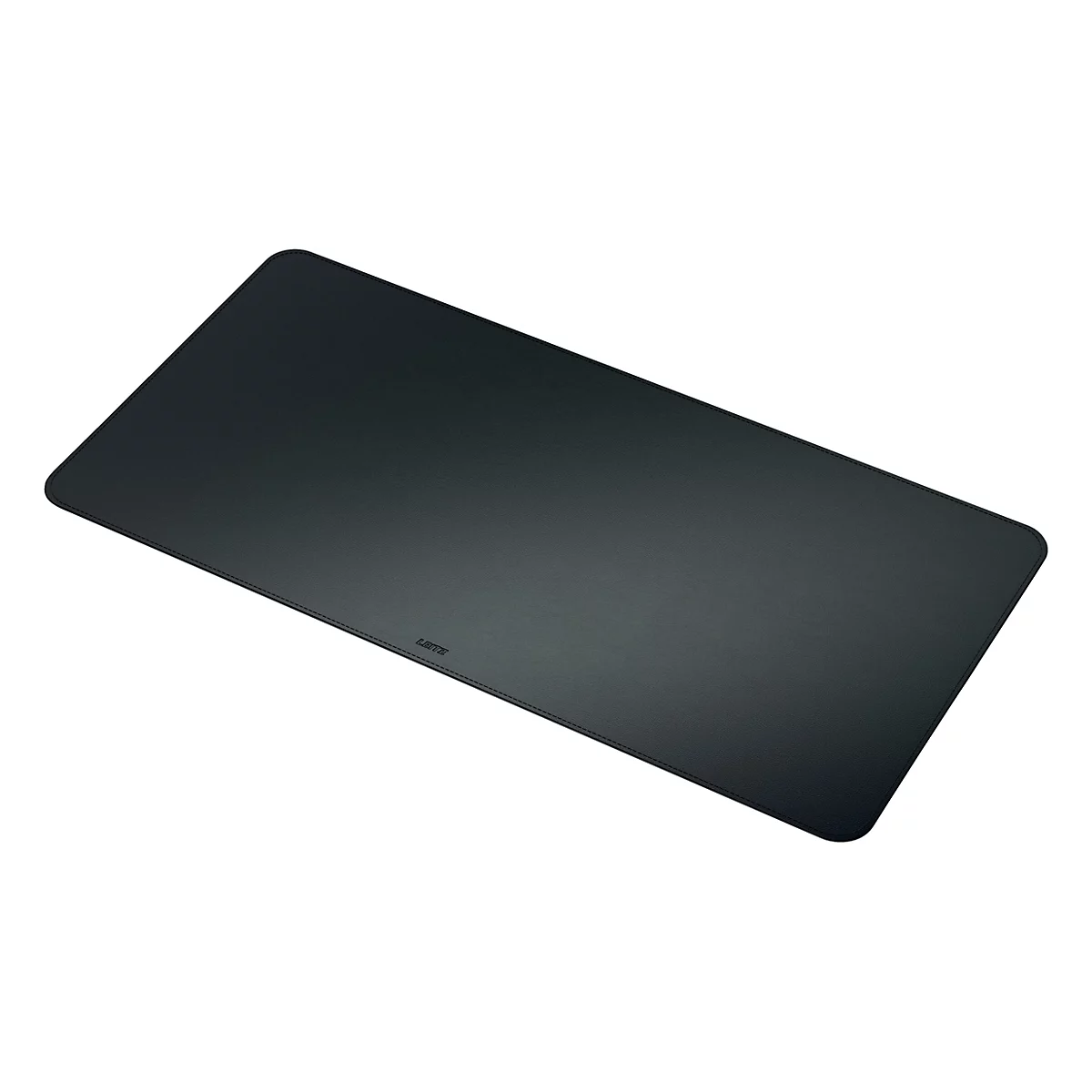 Tapis de bureau rectangulaire foncé sur fond blanc. Coins arrondis, petit gaufrage. Texte 'buka'.