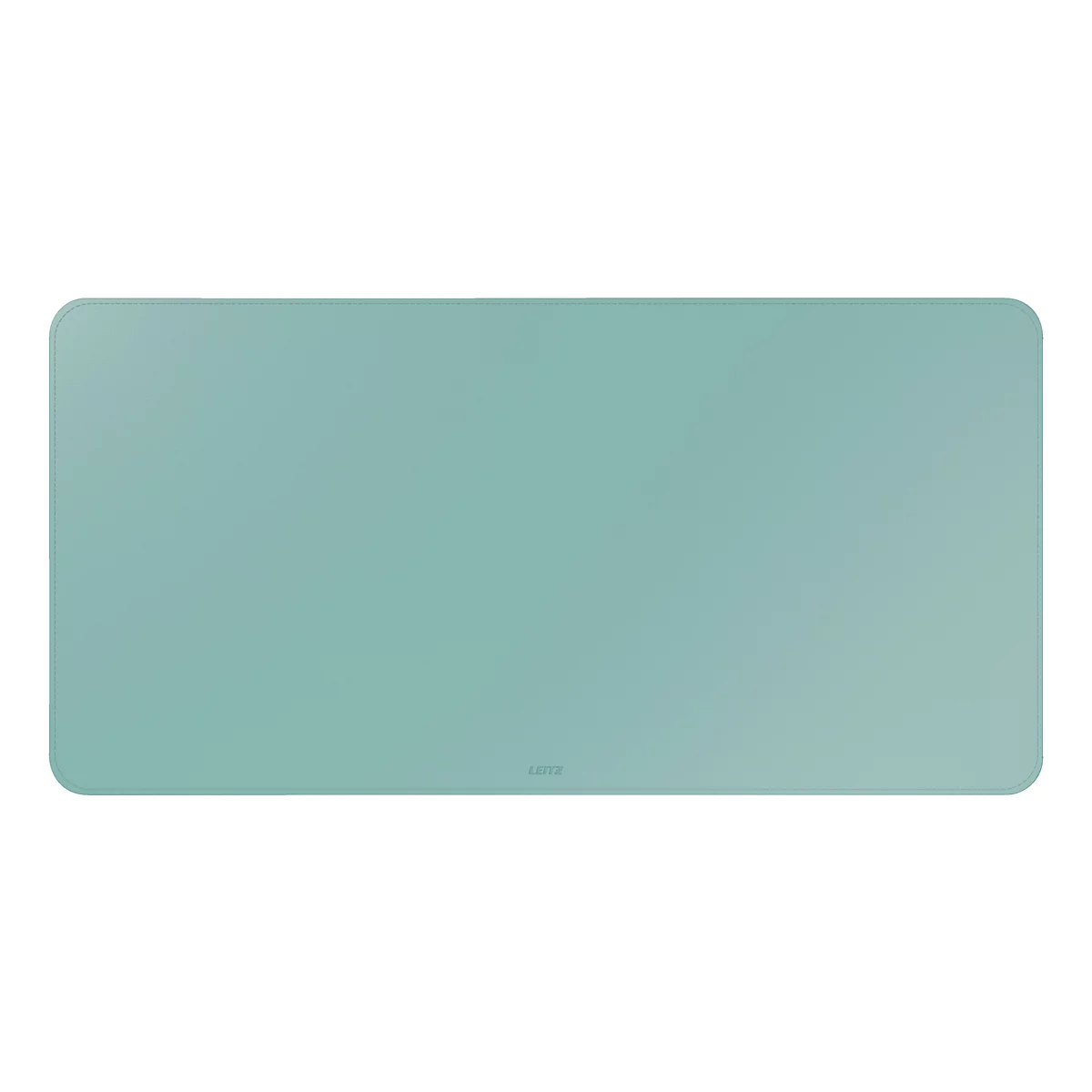 Tapis de bureau rectangulaire vert menthe avec coins arrondis, logo de la marque en bas à droite.