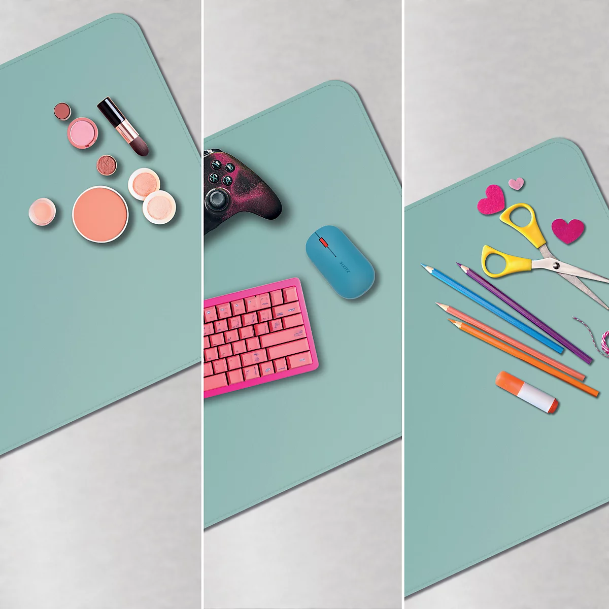 Trois images montrant différents objets sur un tapis de bureau vert clair : articles de maquillage, accessoires de jeu et fournitures de bricolage.