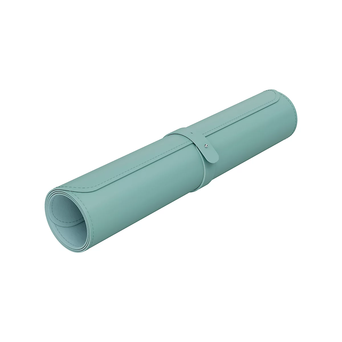 Tapis de bureau turquoise enroulé avec fermeture à sangle sur fond blanc.