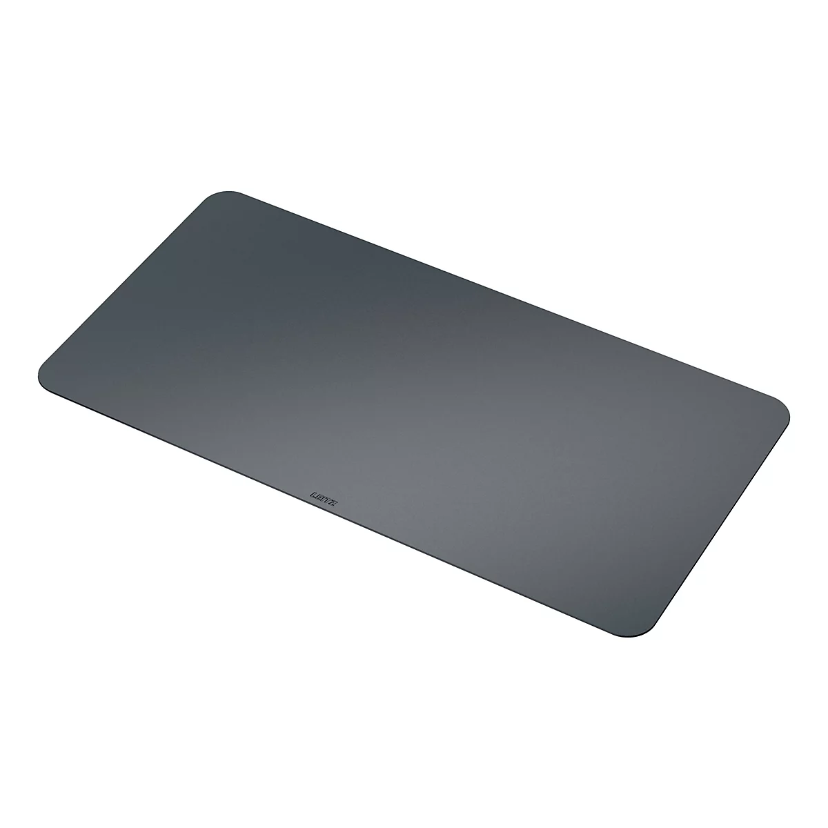 Tapis de bureau rectangulaire gris foncé avec coins arrondis. Petites lettres dans le coin.