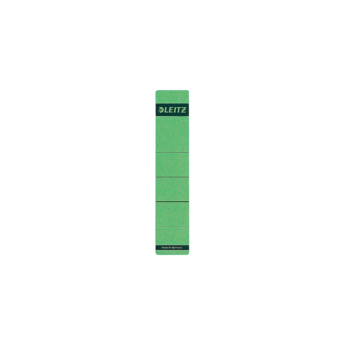Vertical green Leitz index card, with black horizontal lines and logo at the top. At the bottom: Made in Germany.