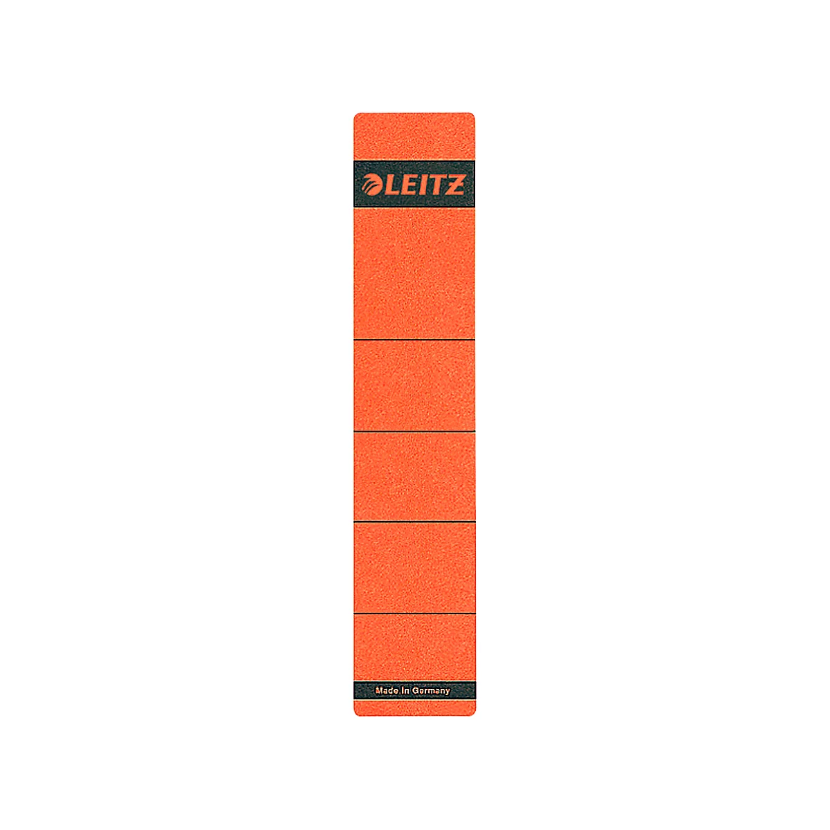 Orange Leitz index card tab with logo and the text "Made in Germany". Black lines divide the surface.