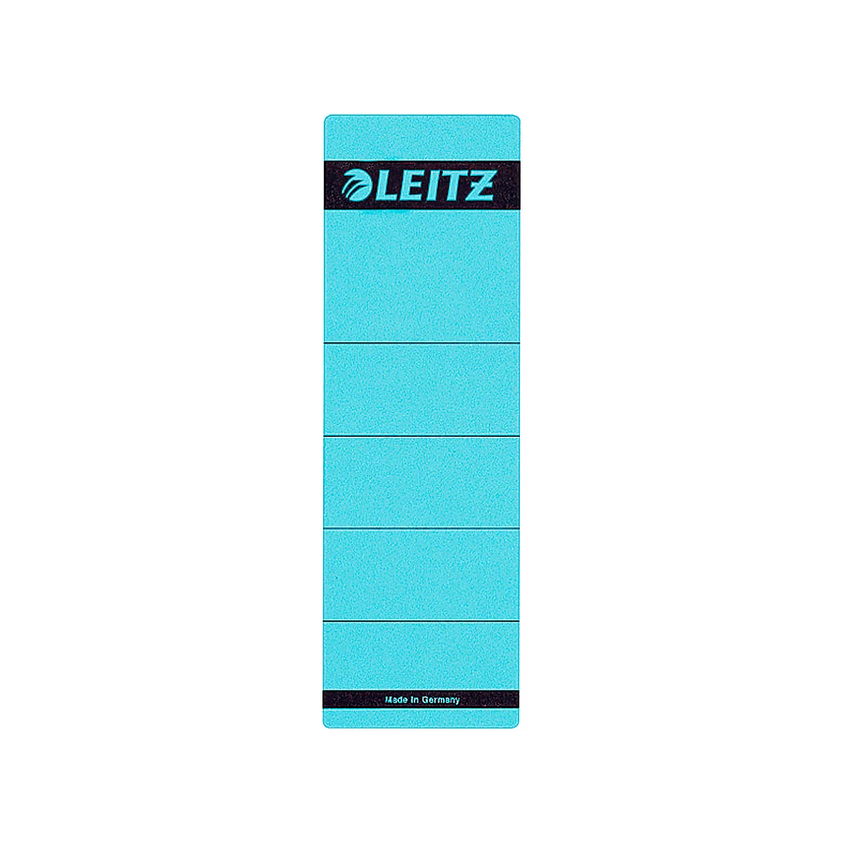 Turquoise index card tab with black "LEITZ" lettering and lines for labeling.