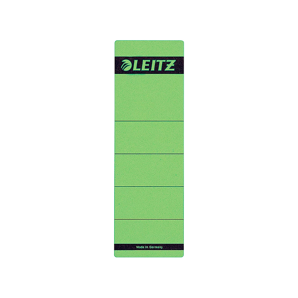 Green index card tab with the inscription LEITZ. Black bars at the top and bottom. Inscription: Made in Germany.