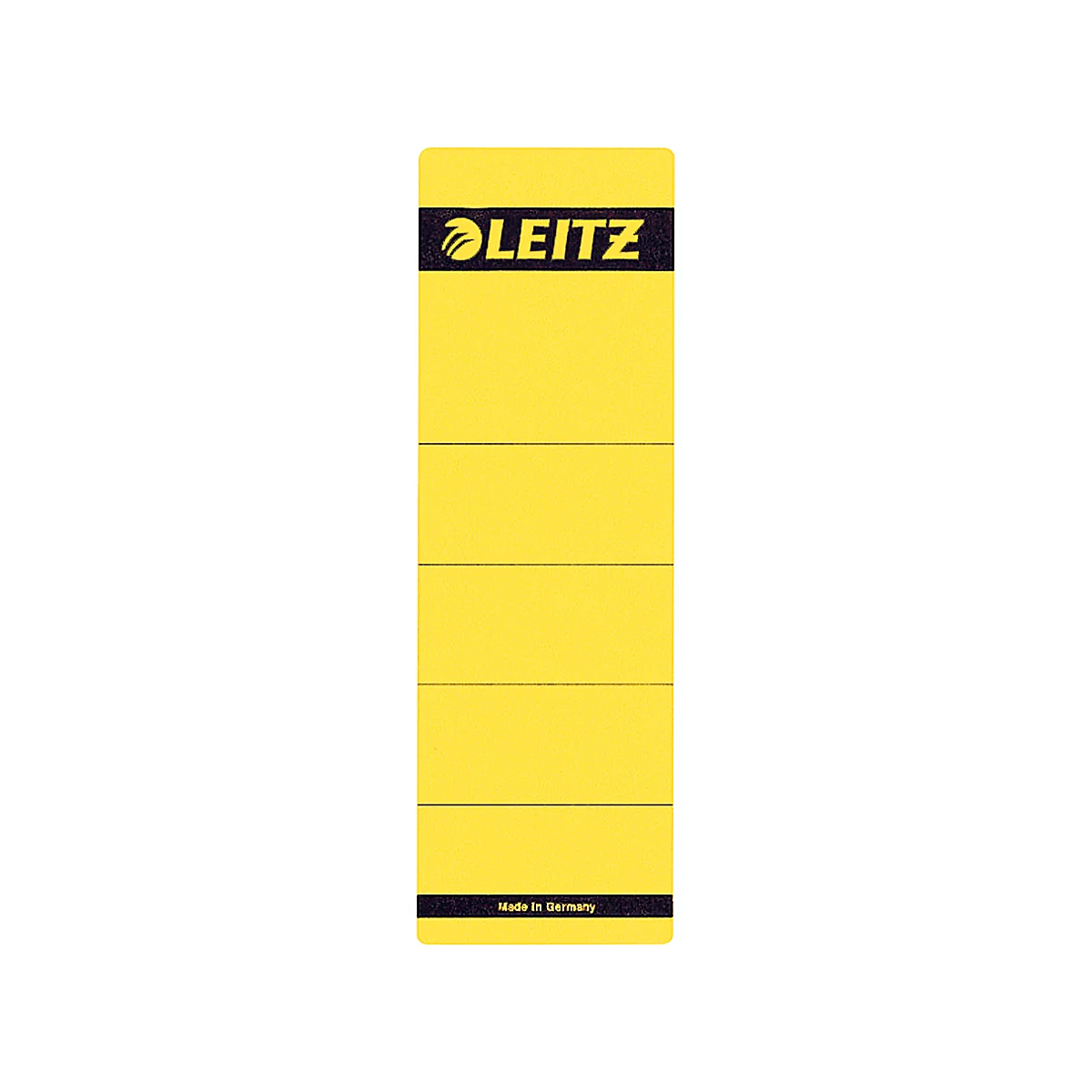 Yellow LEITZ label with black text and lines, LEITZ logo at the top, 'Made in Germany' at the bottom.