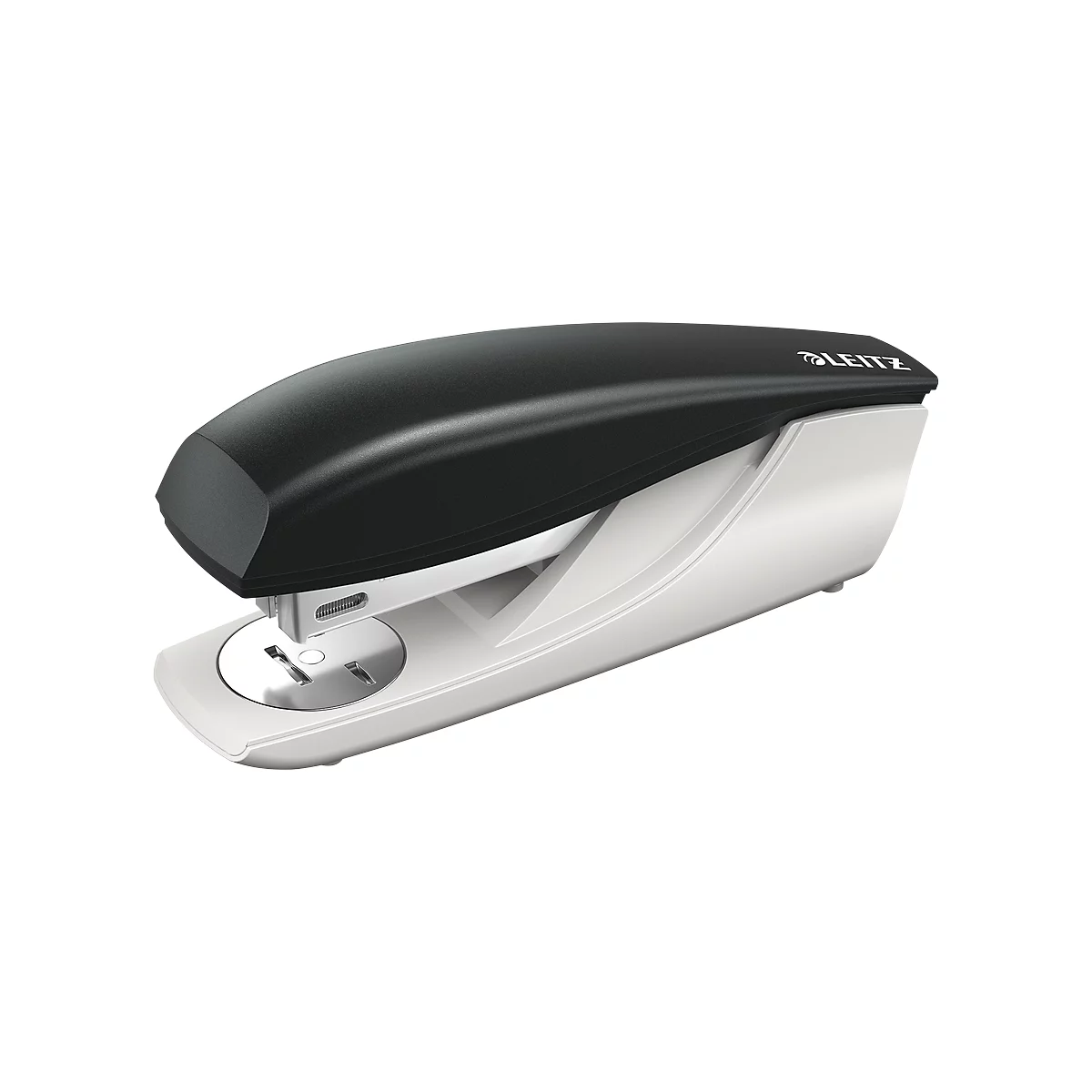 Black and white stapler by Leitz. Top black, bottom white.