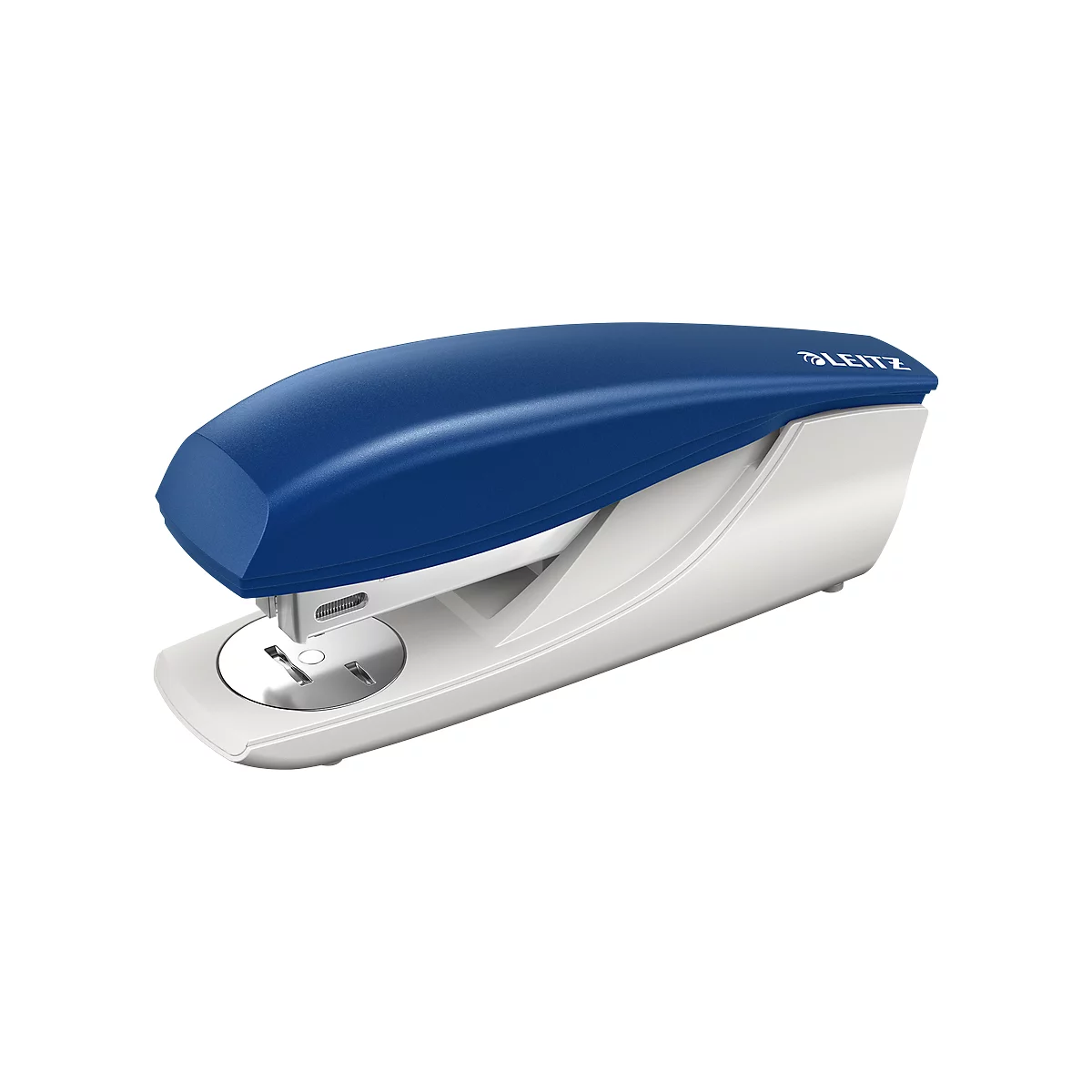 Blue and white stapler of the Leitz brand. Top blue, bottom white.